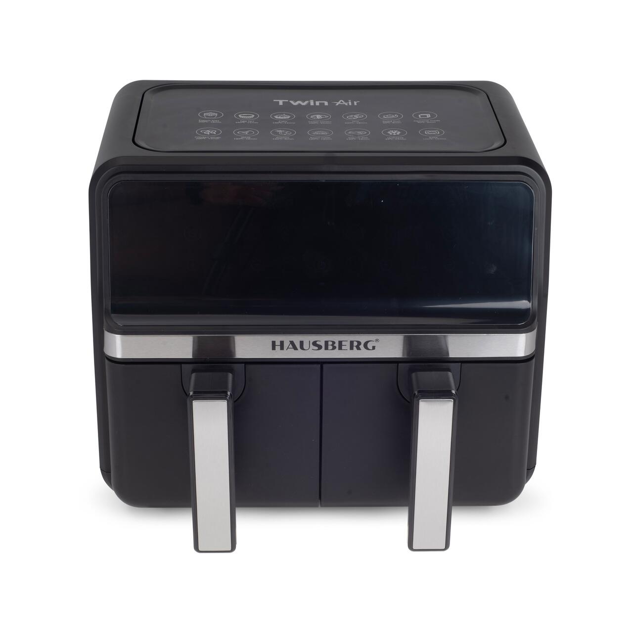 Friteuza dubla cu aer cald HAUSBERG HB-2373NG, 2200-2400W, capacitate 8.4L, termostat reglabil cu afisaj LED, control digital individual, 14 programe prestabilite, temporizator 60 min, ventilator de racire, Negru