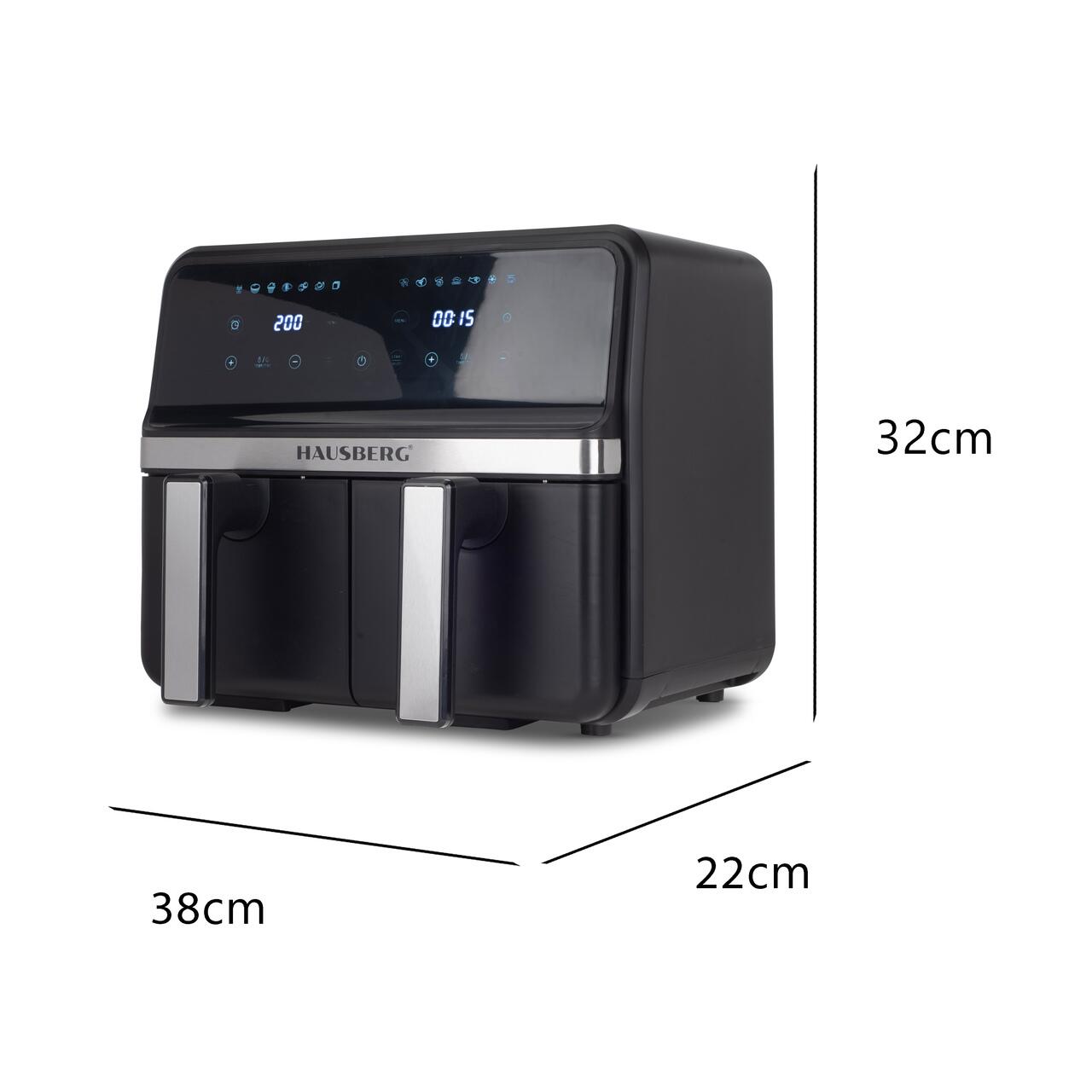 Friteuza dubla cu aer cald HAUSBERG HB-2373NG, 2200-2400W, capacitate 8.4L, termostat reglabil cu afisaj LED, control digital individual, 14 programe prestabilite, temporizator 60 min, ventilator de racire, Negru
