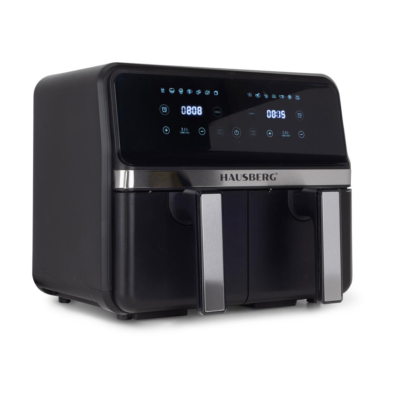 Friteuza dubla cu aer cald HAUSBERG HB-2373NG, 2200-2400W, capacitate 8.4L, termostat reglabil cu afisaj LED, control digital individual, 14 programe prestabilite, temporizator 60 min, ventilator de racire, Negru