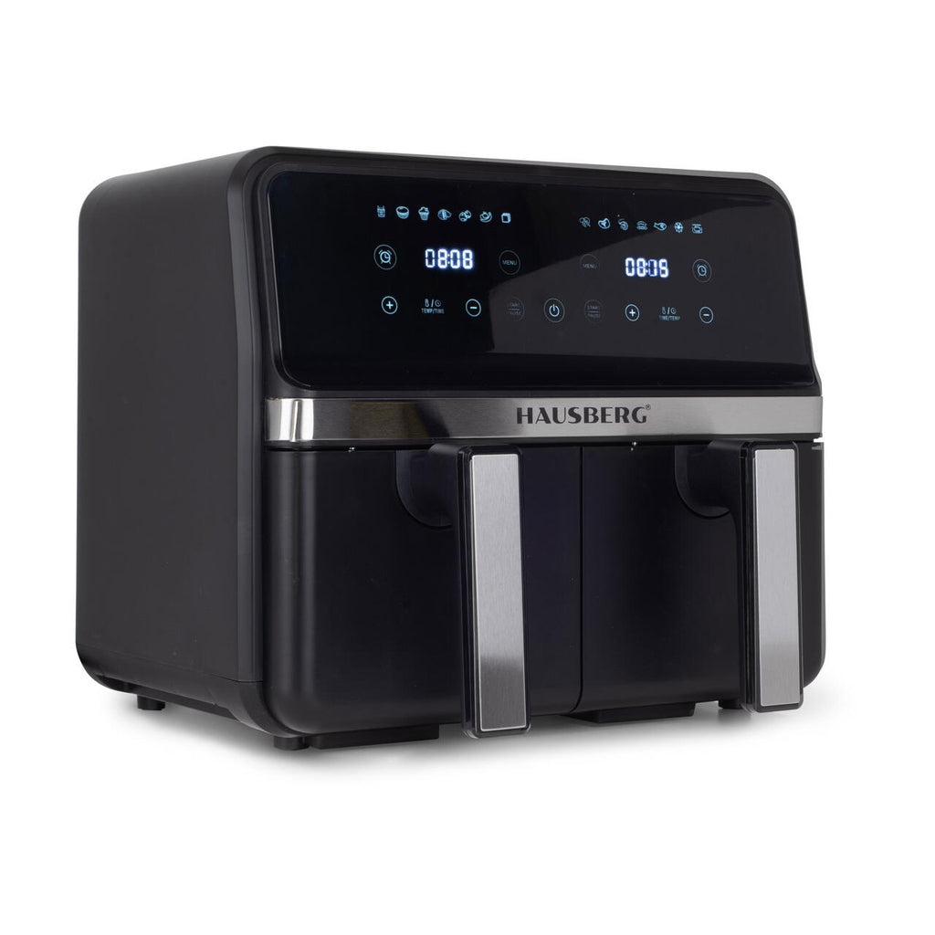 Friteuza dubla cu aer cald HAUSBERG HB-2373NG, 2200-2400W, capacitate 8.4L, termostat reglabil cu afisaj LED, control digital individual, 14 programe prestabilite, temporizator 60 min, ventilator de racire, Negru