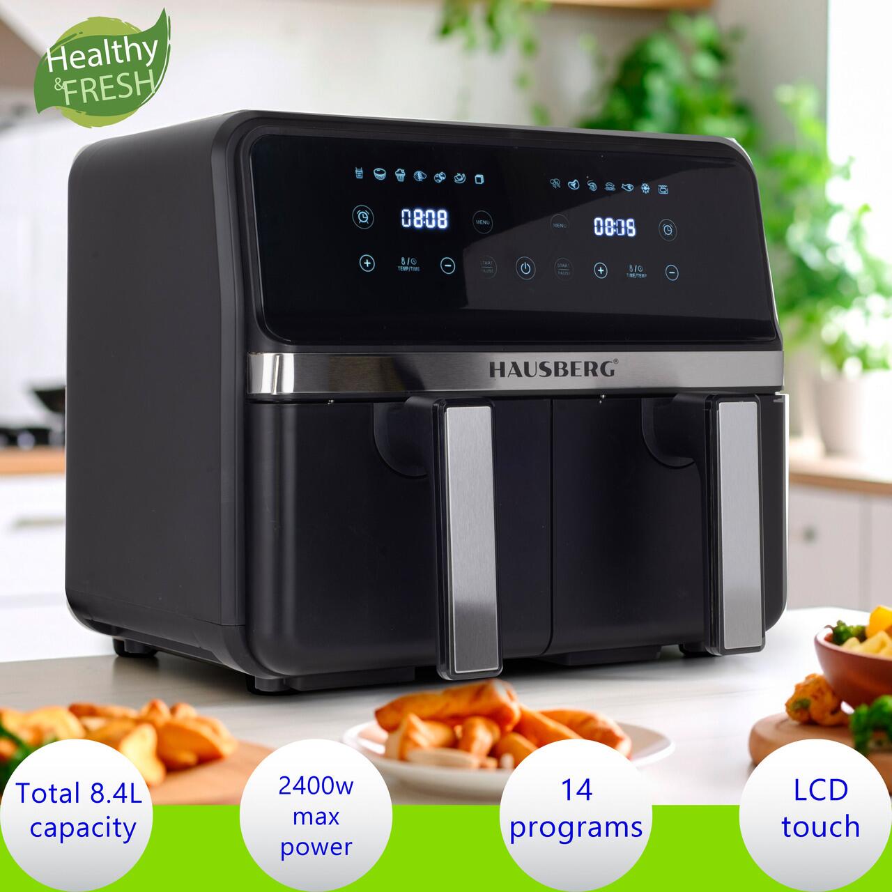 Friteuza dubla cu aer cald HAUSBERG HB-2373NG, 2200-2400W, capacitate 8.4L, termostat reglabil cu afisaj LED, control digital individual, 14 programe prestabilite, temporizator 60 min, ventilator de racire, Negru