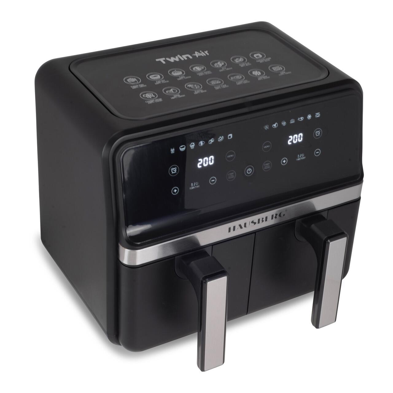 Friteuza dubla cu aer cald HAUSBERG HB-2373NG, 2200-2400W, capacitate 8.4L, termostat reglabil cu afisaj LED, control digital individual, 14 programe prestabilite, temporizator 60 min, ventilator de racire, Negru