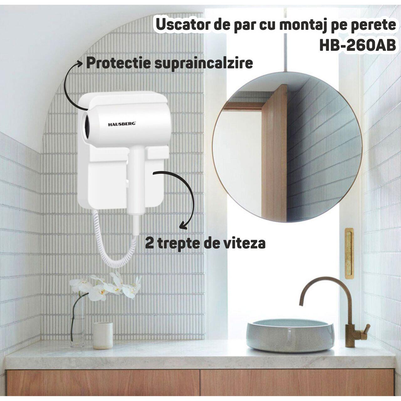 Uscator de par cu montaj pe perete HAUSBERG HB-260AB, 1200W, 2 trepte de viteza, protectie supraincalzire, accesorii incluse, Alb Imagine secundară a produsului