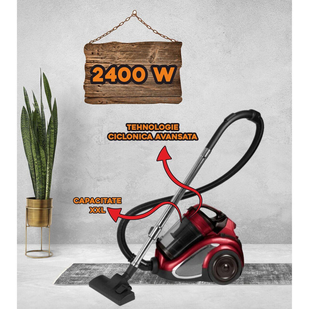 Aspirator fara sac Hausberg HB-2820RS, 2200 W, 4.5 litri, 85dB, filtru lavabil, sistem multi-ciclon, Negru/Rosu