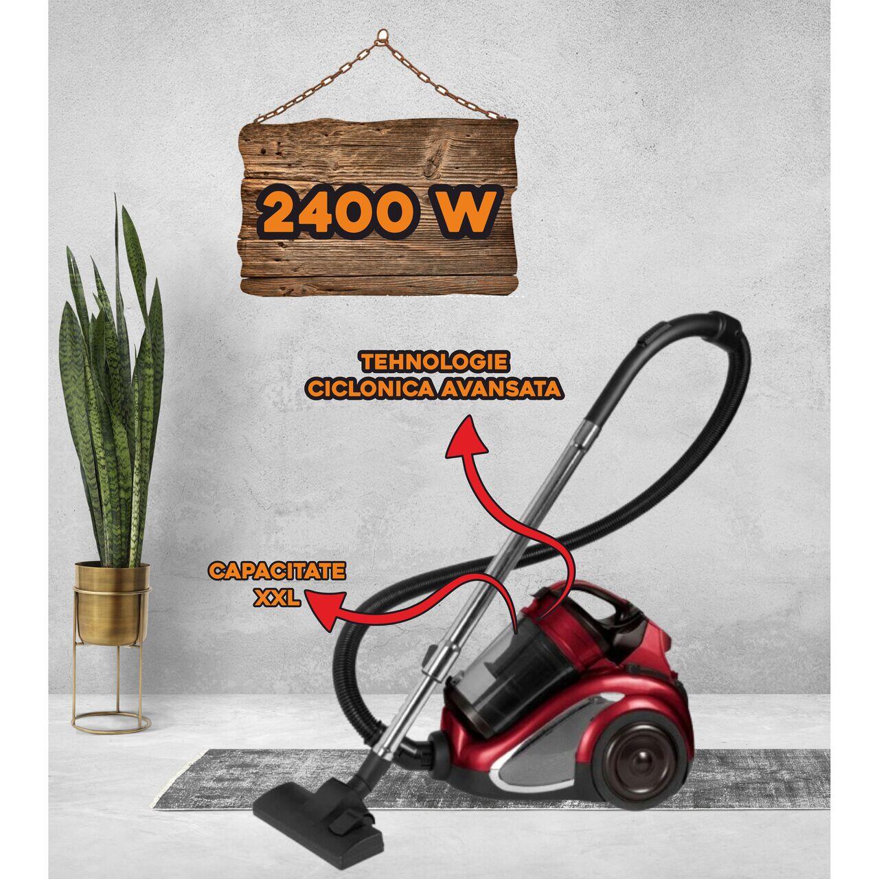 Aspirator fara sac Hausberg HB-2820RS, 2200 W, 4.5 litri, 85dB, filtru lavabil, sistem multi-ciclon, Negru/Rosu