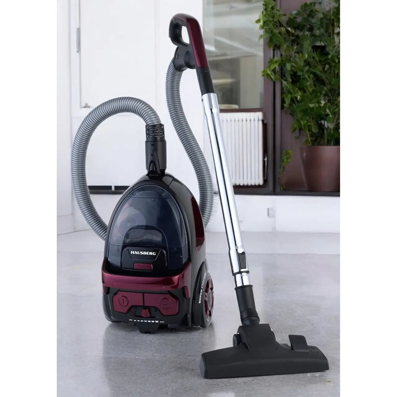 Aspirator fara sac HAUSBERG HB-2822MV, 1200-1600W, multiciclon, aspirare uscata, capacitate 2 litri, filtru HEPA, control viteza, derulator automat cablu, Mov-Negru