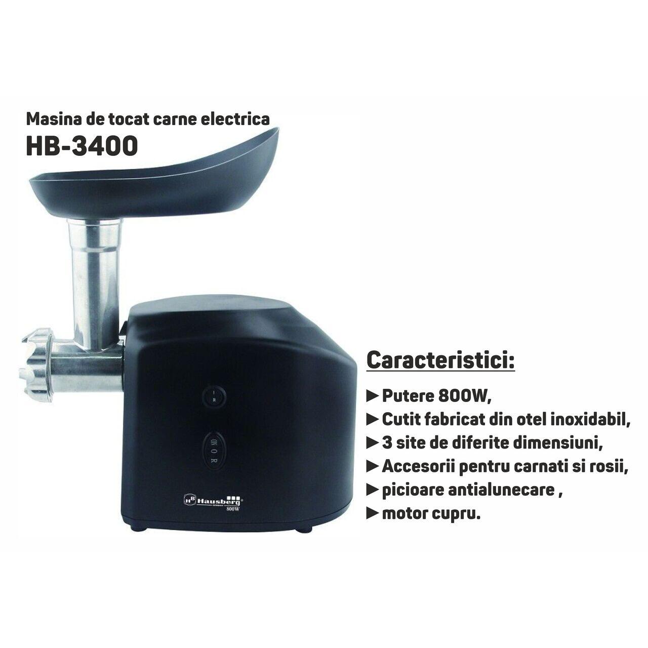 Masina de tocat carne electrica HAUSBERG HB-3400, 800W, cutit inox, picioare antialunecare, Negru Imagine secundară a produsului