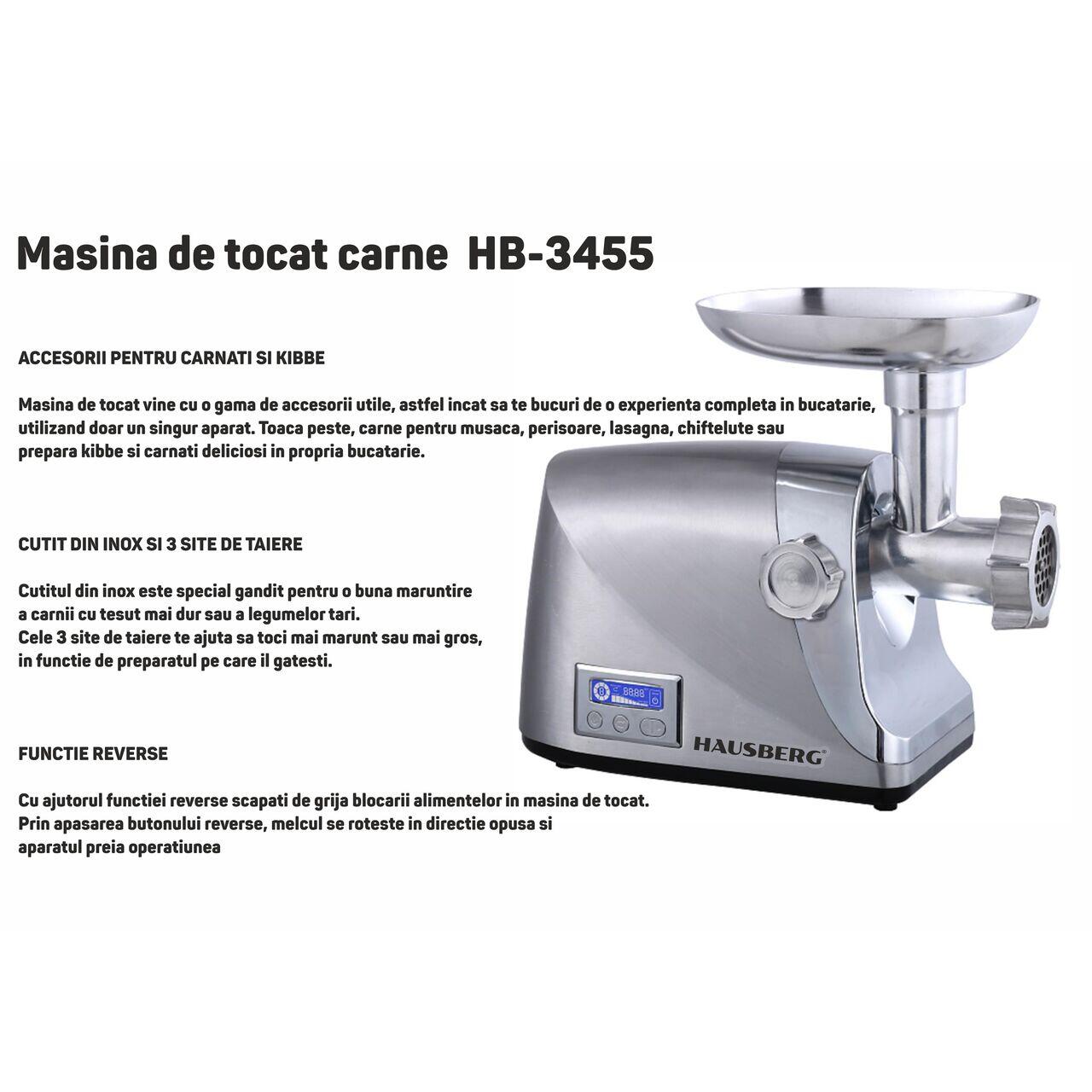 Masina tocat Hausberg HB-3455, 3500W, 2Kg/min, Impingator legume, Carcasa aluminiu, Motor cupru Imagine secundară a produsului