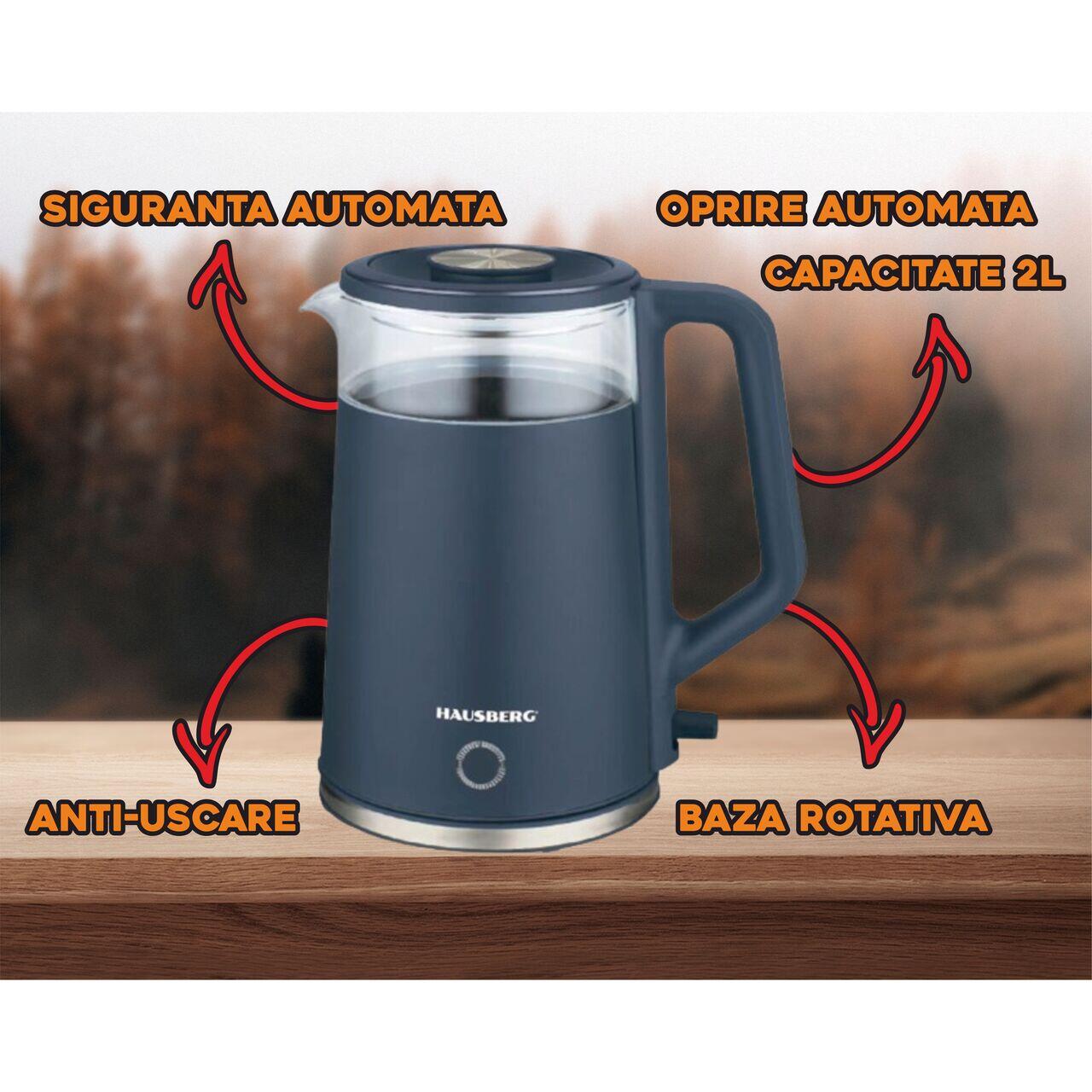 Cana fierbator HAUSBERG HB-3619BL, 1500 - 1800W, capacitate 2L, Anti-uscare, Oprire automata, Material Inox, sticla + plastic Bleu Imagine secundară a produsului