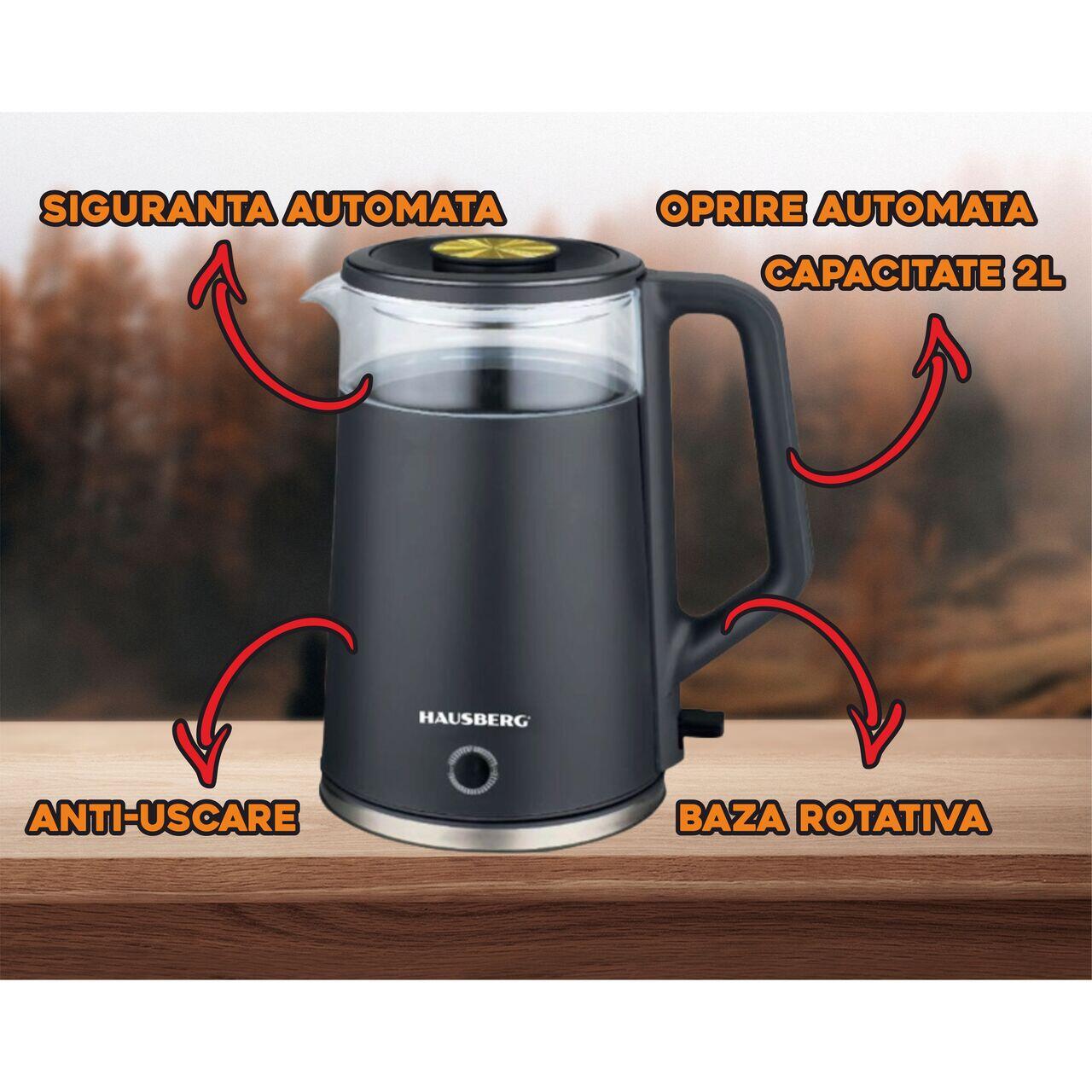 Cana fierbator HAUSBERG HB-3619NG, 1500 - 1800W, capacitate 2L, Anti-uscare, Oprire automata, Material Inox, sticla + plastic Negru Imagine secundară a produsului