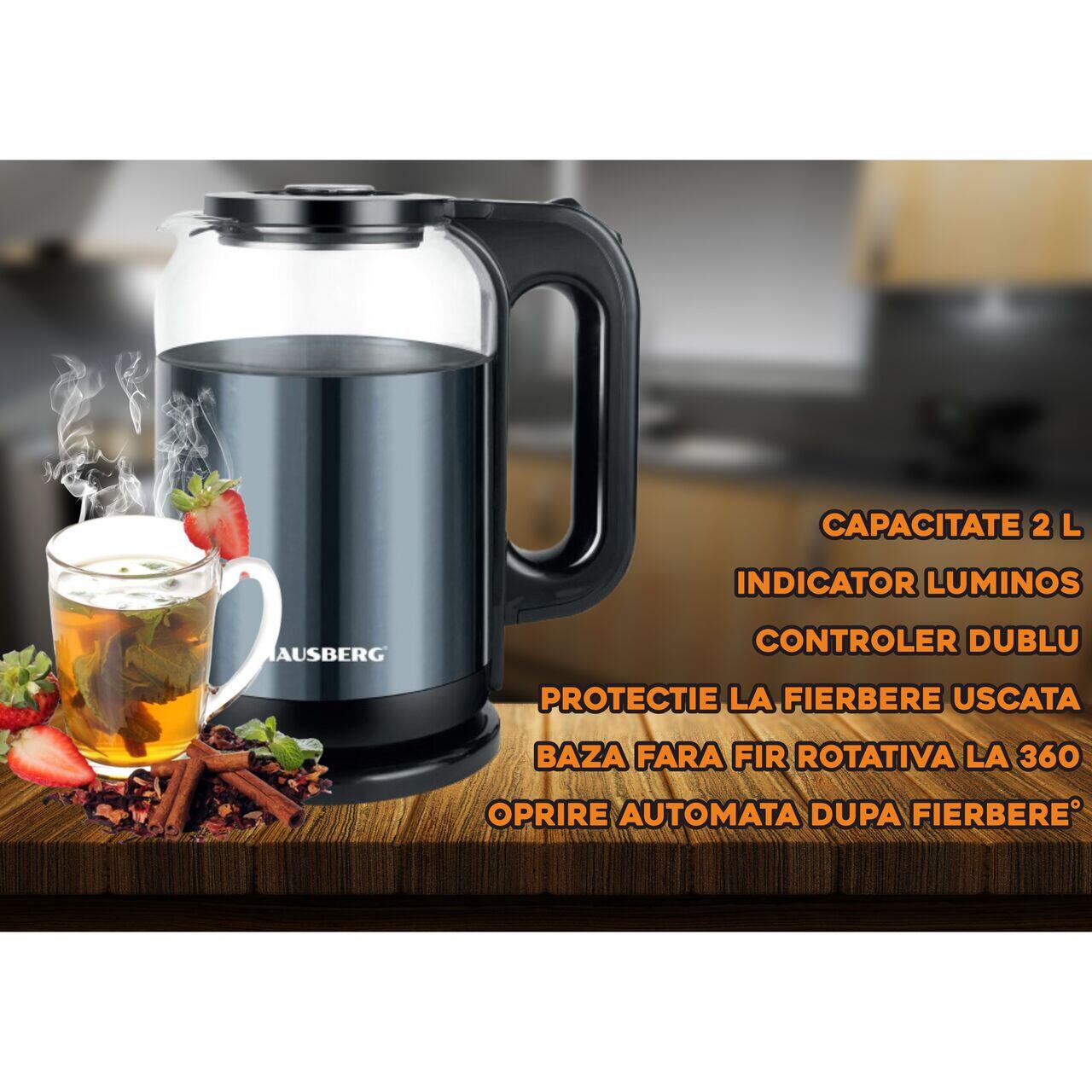 Cana electrica fierbator HAUSBERG HB-3622BL, 1500 - 1800W, capacitate 2L, oprire automata, indicator luminos, Bleu-Negru Imagine secundară a produsului