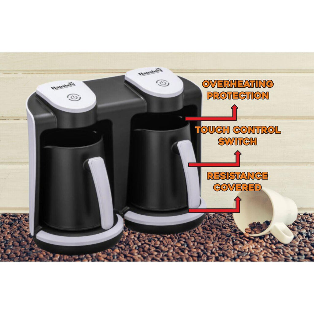 Aparat pentru preparat cafea turceasca Hausberg HB-3820AB, 2 recipiente, 400+400 W, avertizare sonora si luminoasa, Alb/Negru