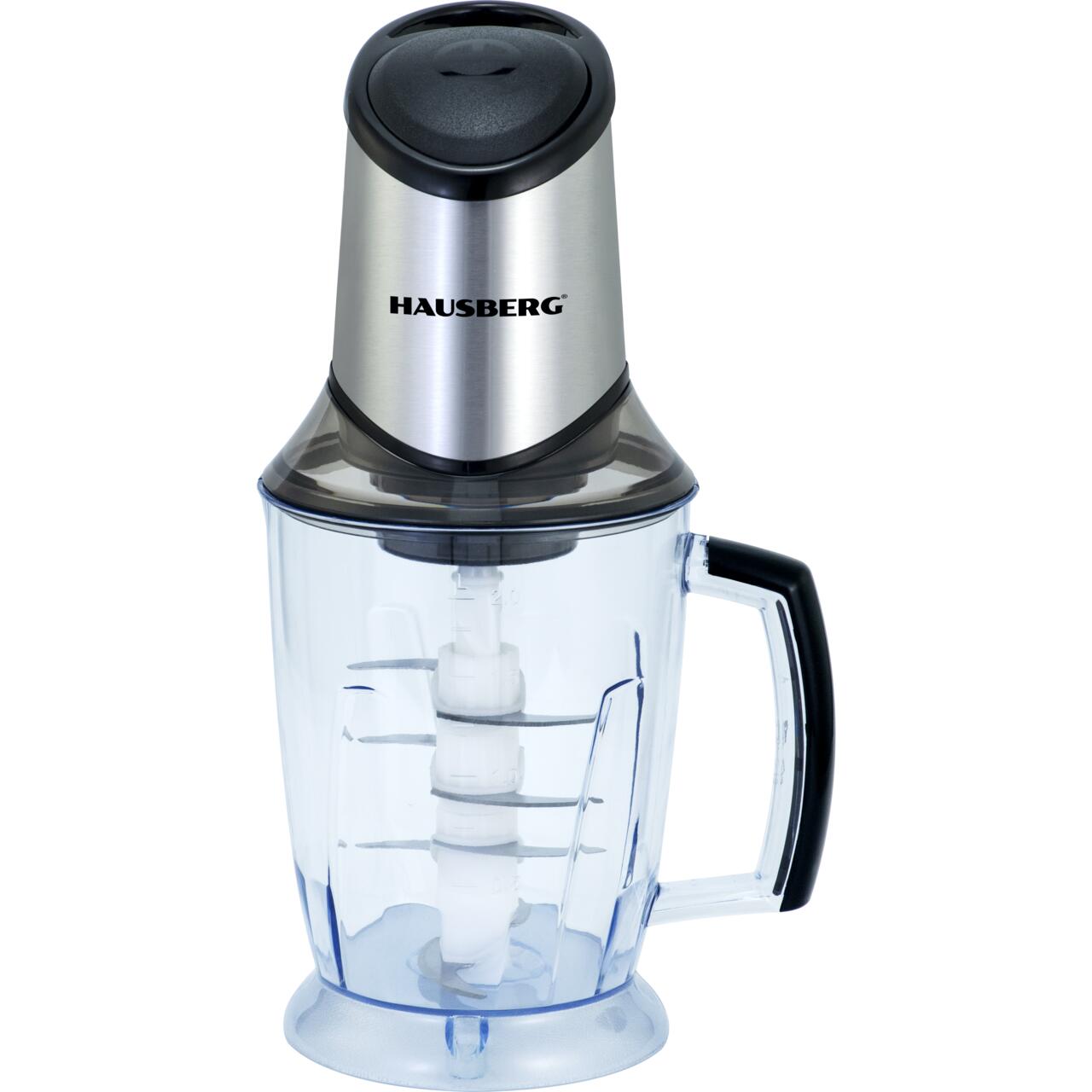 Tocator electric HAUSBERG HB-4508IN, 500-700W, 1 treapta de viteza, 2 litri, bol din plastic, 8 cutite cu lame din otel inoxidabil, argintiu