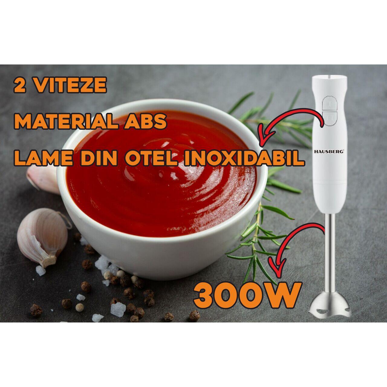 Blender de mana HAUSBERG HB-7674AB, 300W, 2 viteze, material ABS, lame din otel inoxidabil, Alb Imagine secundară a produsului