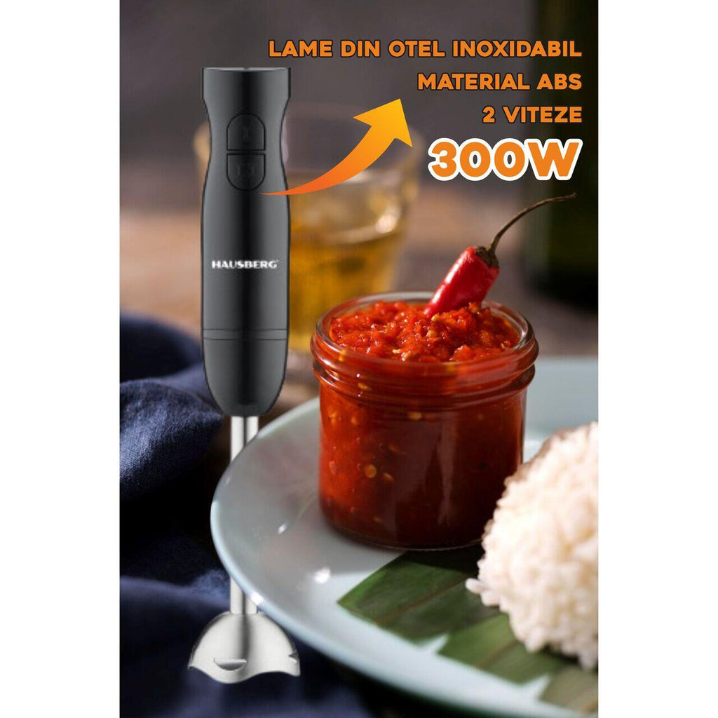 Blender de mana HAUSBERG HB-7674NG, 300W, 2 viteze, material ABS, lame din otel inoxidabil, Negru