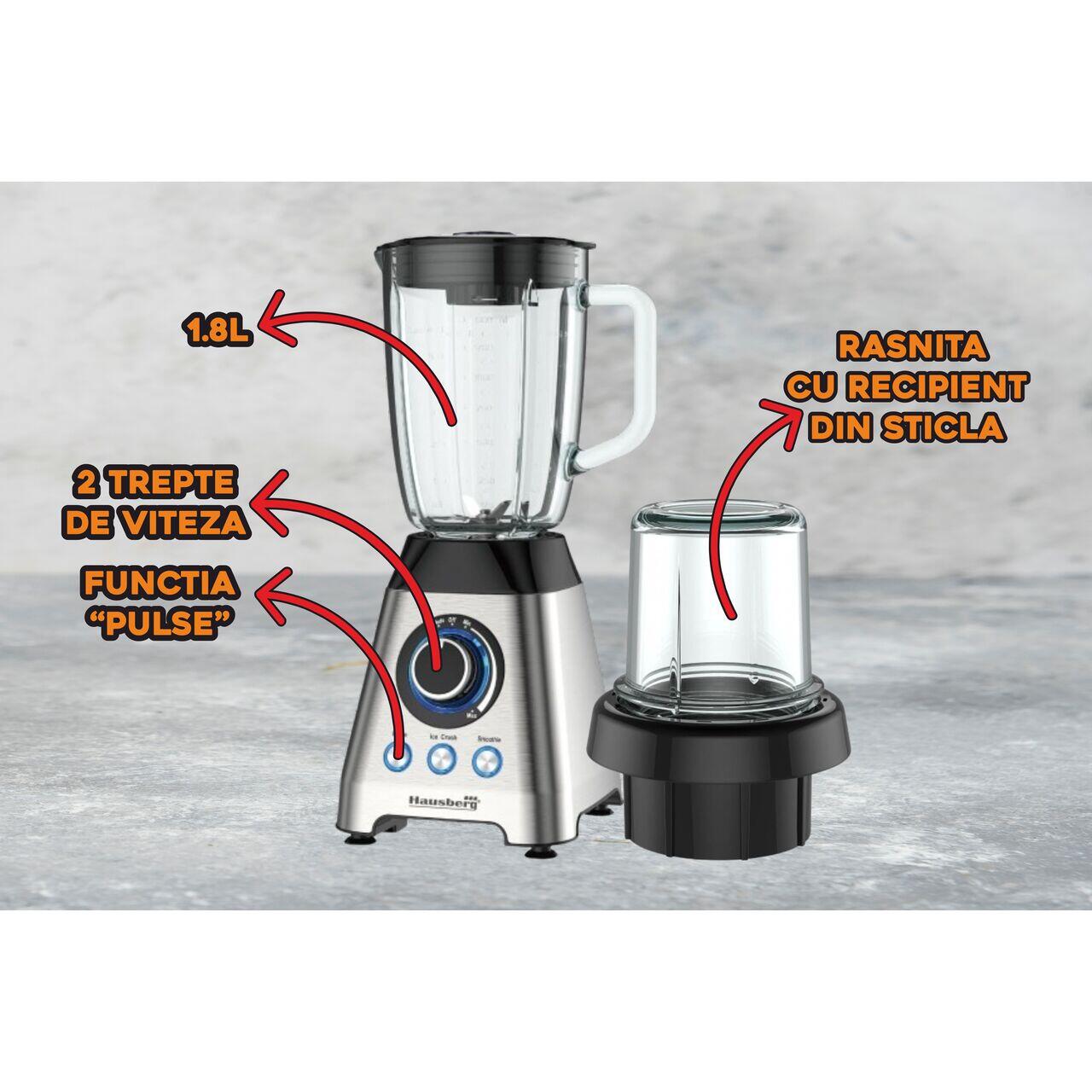 Blender, Hausberg HB-7764, doua viteze cu pulsatii, recipient sticla 1.8 L, 1200 W