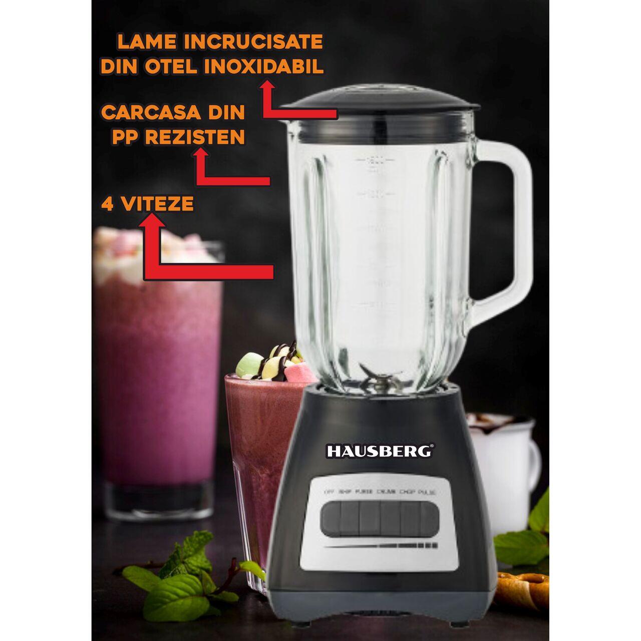 Blender cu rasnita HAUSBERG HB-7772NG, 400-500W, Capacitate 1.5L, Bol din Sticla, 4 Viteze, Lame din Inox, Negru Imagine secundară a produsului