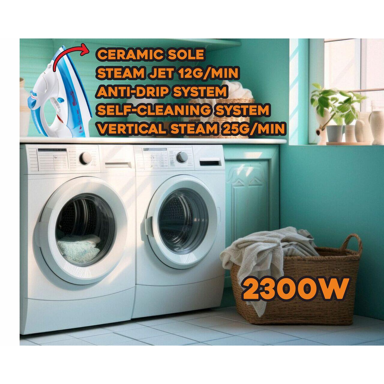 Fier de calcat Hausberg HB-7805BL, 2300W, 165ml, talpa ceramica, jet abur 12g/min, abur verticala 25g/min, sistem antipicurare, sistem autocuratare, Alb/Bleu
