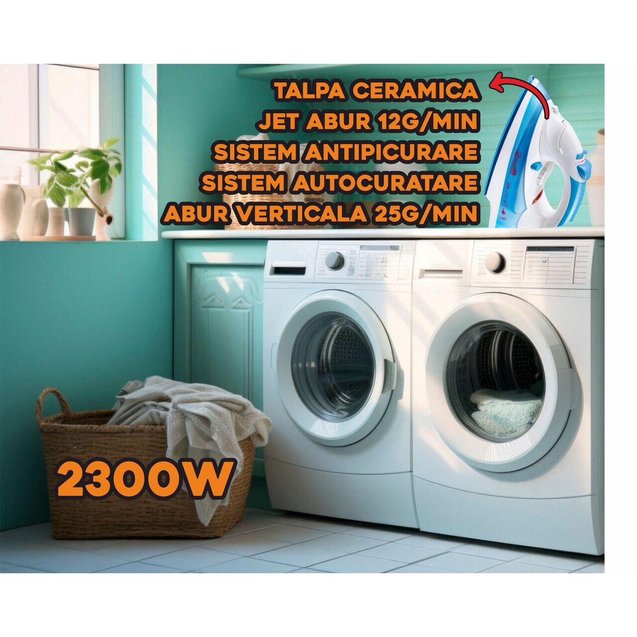 Fier de calcat Hausberg HB-7805BL, 2300W, 165ml, talpa ceramica, jet abur 12g/min, abur verticala 25g/min, sistem antipicurare, sistem autocuratare, Alb/Bleu
