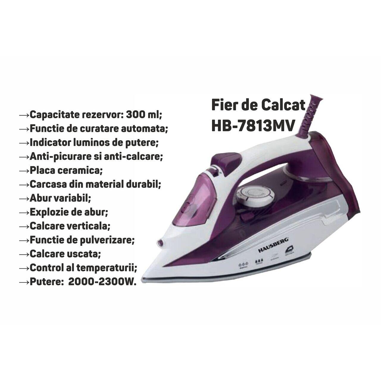 Fier de Calcat Hausberg HB-7813MV, Anti-calcar, Ceramic, Rezervor Apa 300ml 2000-2300W, Alb-Mov Imagine secundară a produsului