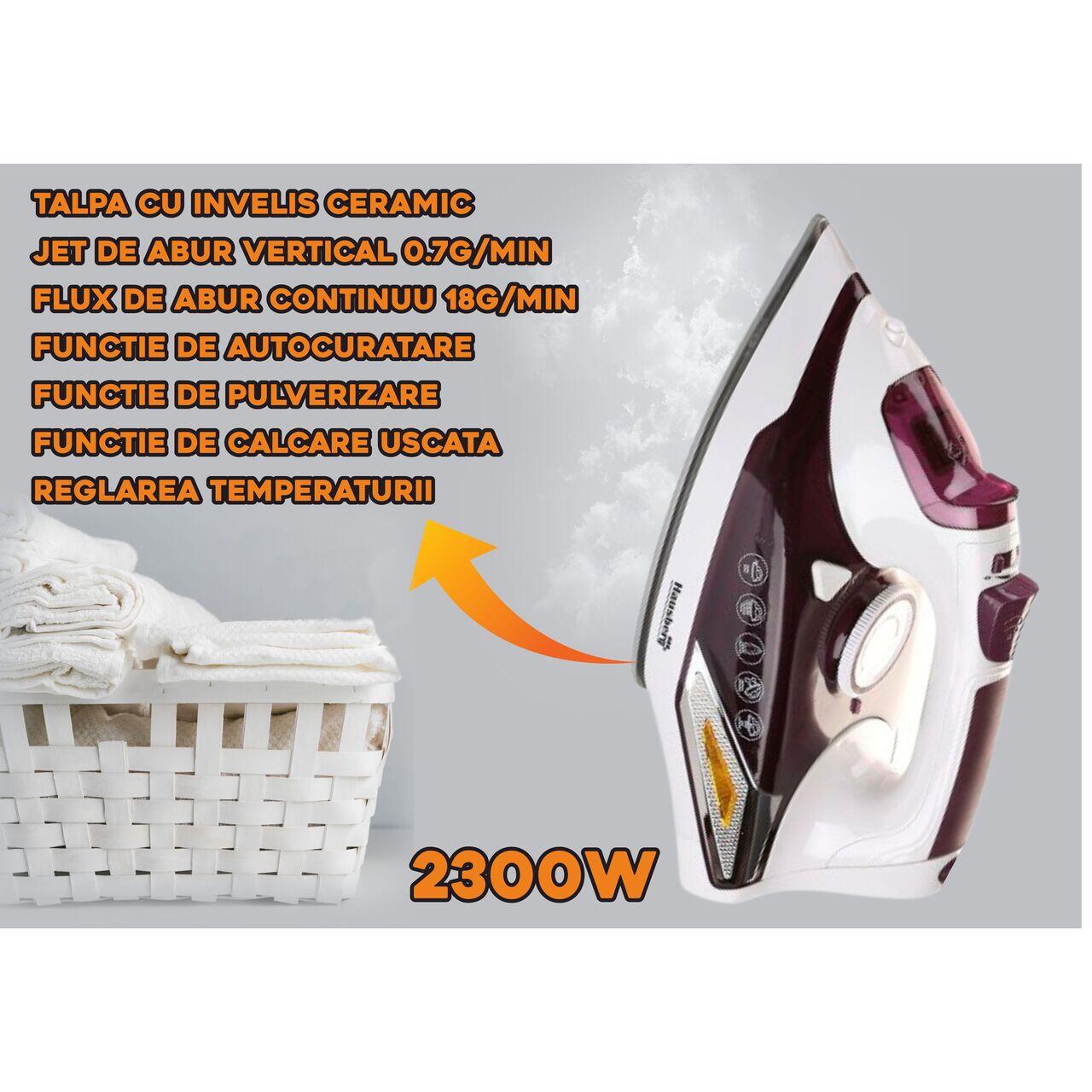 Fier de calcat Hausberg HB-7880MV, 2300W, Talpa cu invelis ceramic, rezervor apa 400ml, Alb-Mov Imagine secundară a produsului