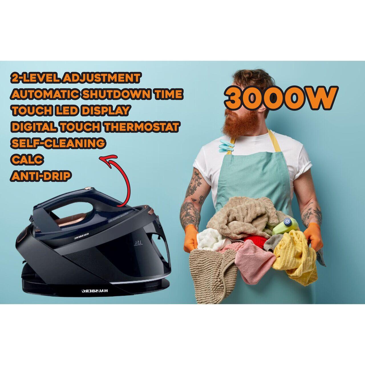 Statie de calcat HAUSBERG HB-7925NG, 3000W, 40-50g/min, 1.5l, auto-curatare, termostat, talpa ceramica, negru Imagine secundară a produsului