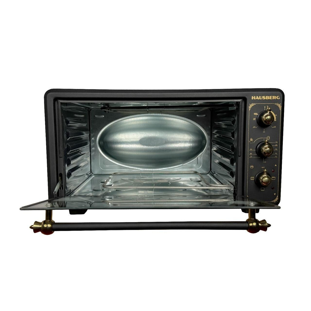 Cuptor electric Rustic HAUSBERG HB-8001RST, 1400W, 48l, Timer mecanic, Termostat reglabil, 4 nivele de inaltime a tavii, usa din sticla rezistenta la temperature ridicate, panou mecanic, Negru-Auriu