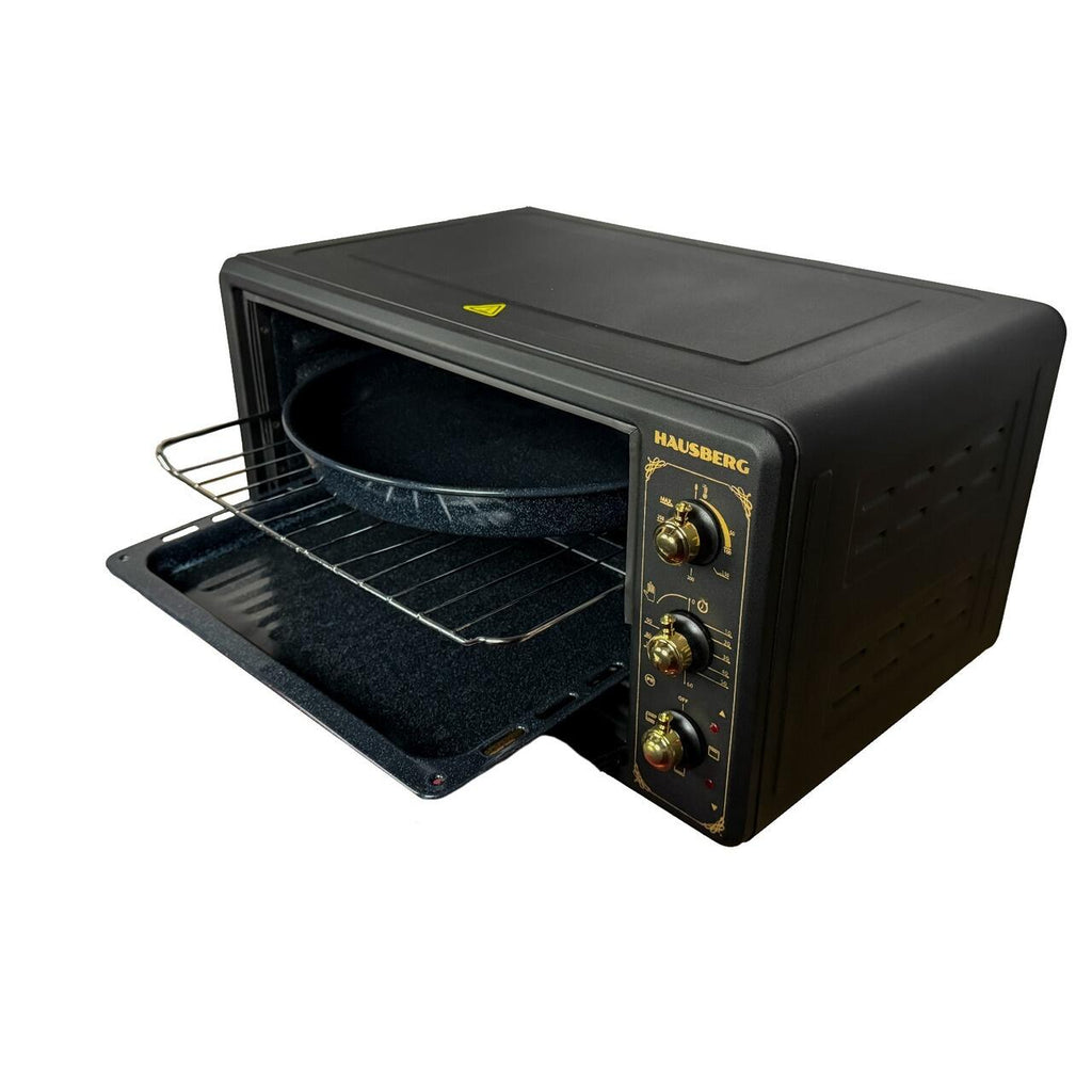 Cuptor electric Rustic HAUSBERG HB-8001RST, 1400W, 48l, Timer mecanic, Termostat reglabil, 4 nivele de inaltime a tavii, usa din sticla rezistenta la temperature ridicate, panou mecanic, Negru-Auriu