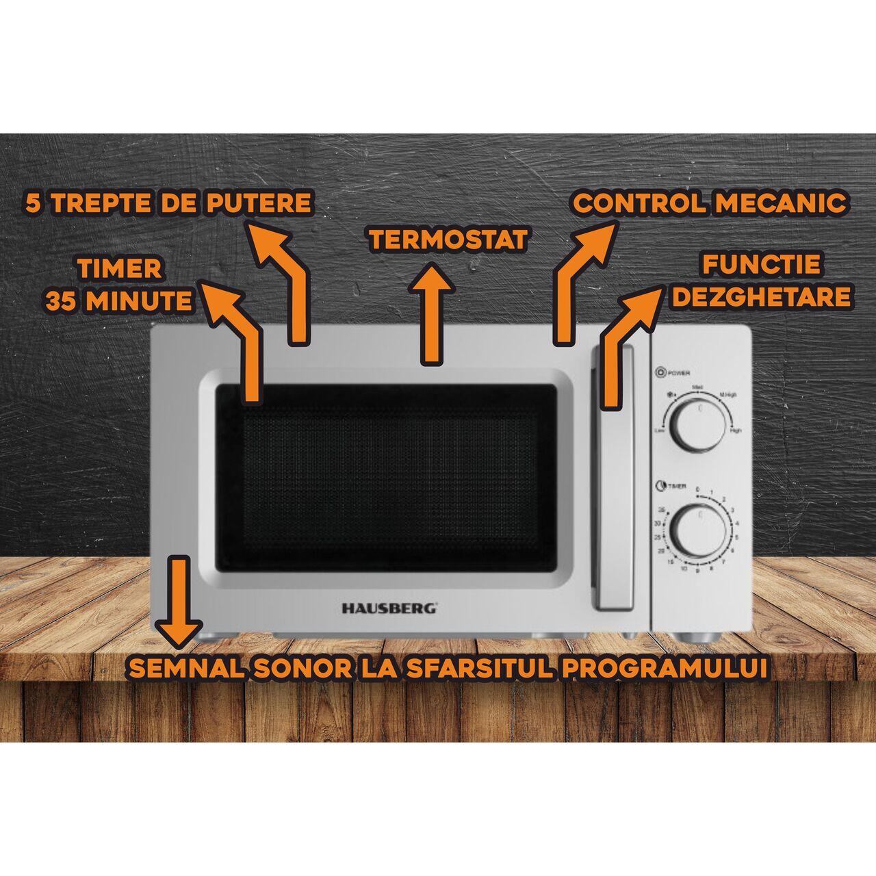Cuptor cu microunde HAUSBERG HB-8008GR, 20 litri, intrare 1100 W, iesire 700 W, 5 nivele de putere, control mecanic, termostat, timer 35 minute, functie dezghetare, lumina interioara, semnal sonor de terminare a programului, Gri Imagine secundară a produsului