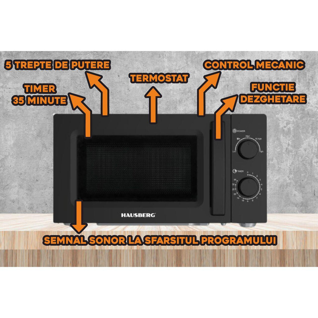 Cuptor cu microunde HAUSBERG HB-8008NG, 20 litri, intrare 1100 W, iesire 700 W, 5 nivele de putere, control mecanic, termostat, timer 35 minute, functie dezghetare, lumina interioara, semnal sonor de terminare a programului, Negru