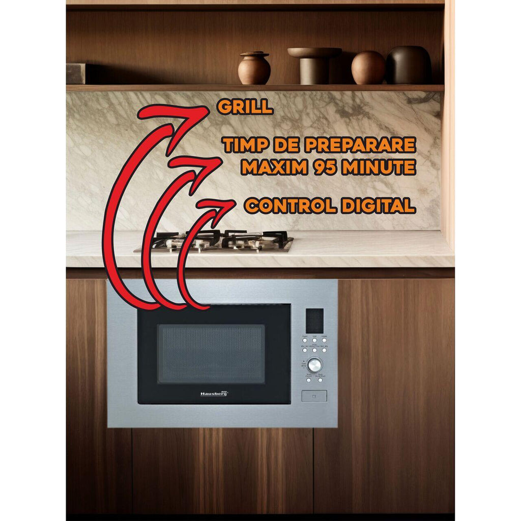 Cuptor cu microunde incorporabil Hausberg HB-8070IN, 25 l, Putere nominală de ieșire a cuptorului cu microunde: 900W, putere de intrare: 1400W, putere grătar: 1000W, Grill, Control digital, Argintiu
