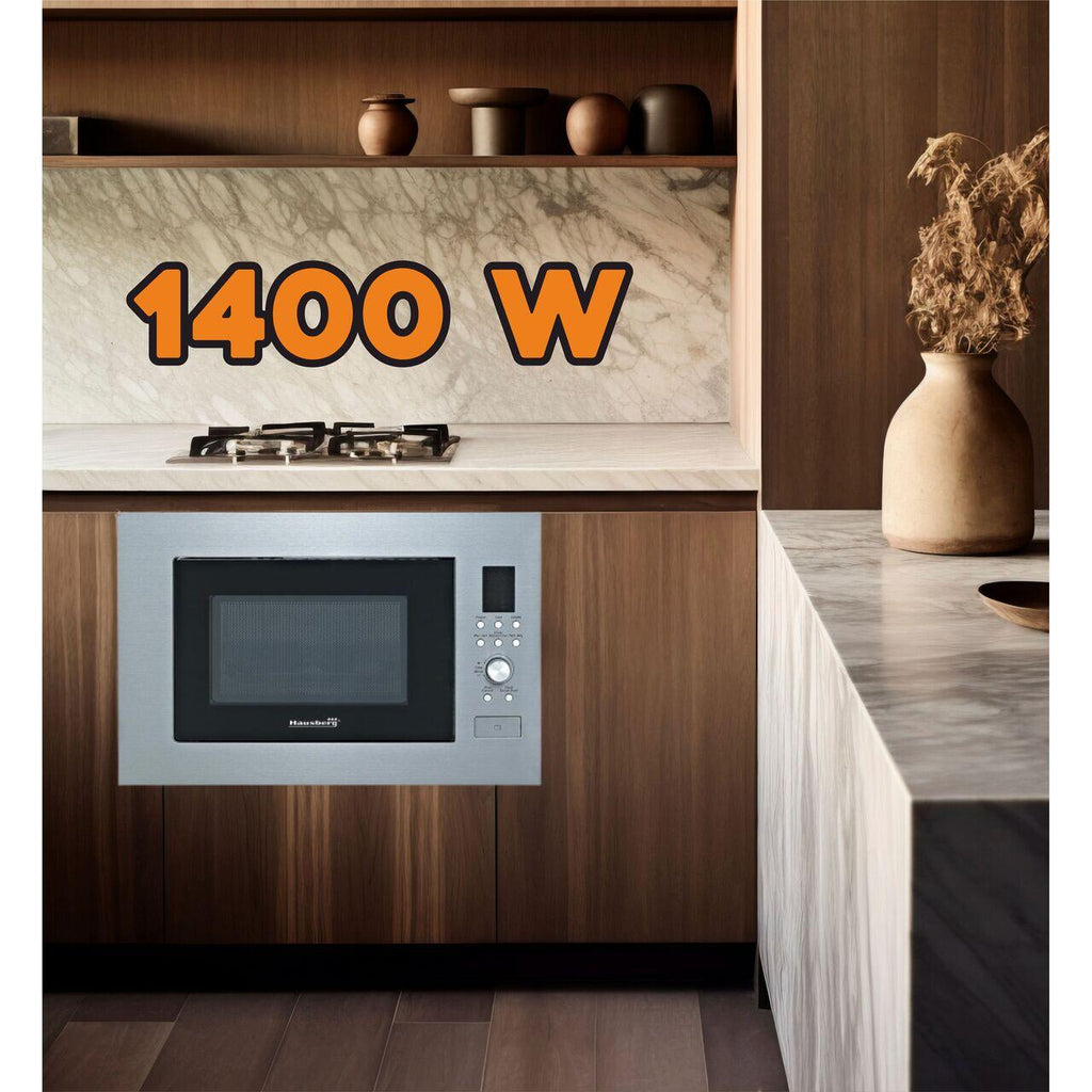 Cuptor cu microunde incorporabil Hausberg HB-8070IN, 25 l, Putere nominală de ieșire a cuptorului cu microunde: 900W, putere de intrare: 1400W, putere grătar: 1000W, Grill, Control digital, Argintiu