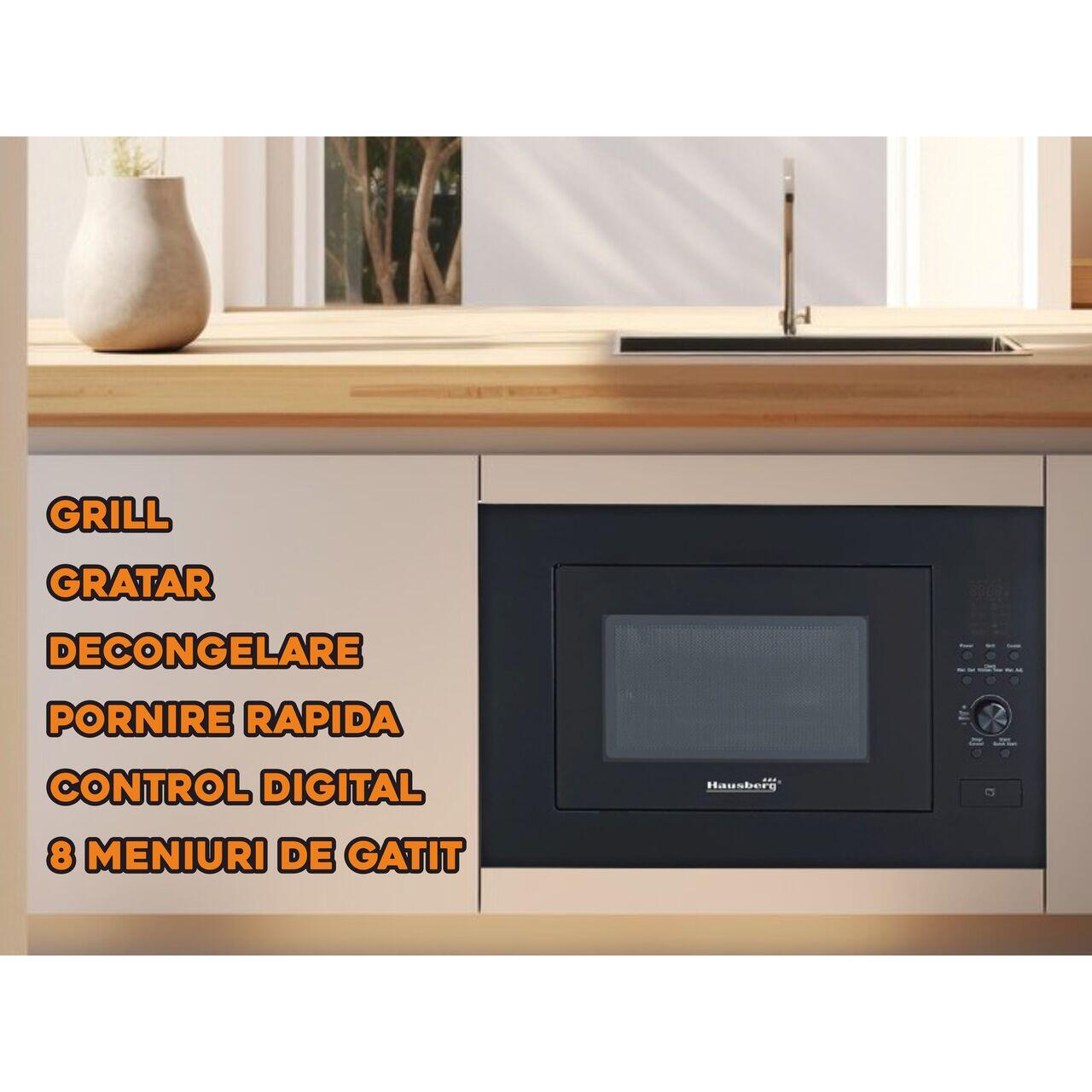 Cuptor cu microunde incorporabil Hausberg HB-8070NG, 25 l, Putere nominală de ieșire a cuptorului cu microunde: 900W, putere de intrare: 1400W, putere grătar: 1000W, Grill, Control digital, Negru Imagine secundară a produsului