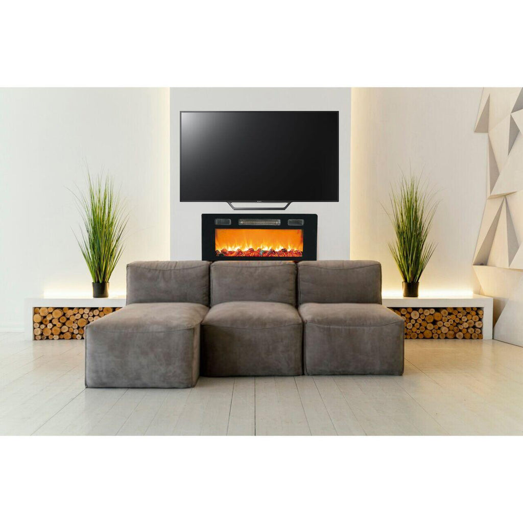 Semineu electric de perete Hausberg HB-8225, 1800W, Telecomanda, 3 Niveluri de lucru, Turboventilator, Elect de flacara led culoare portocalie, Termostat reglabil, Fier + sticla