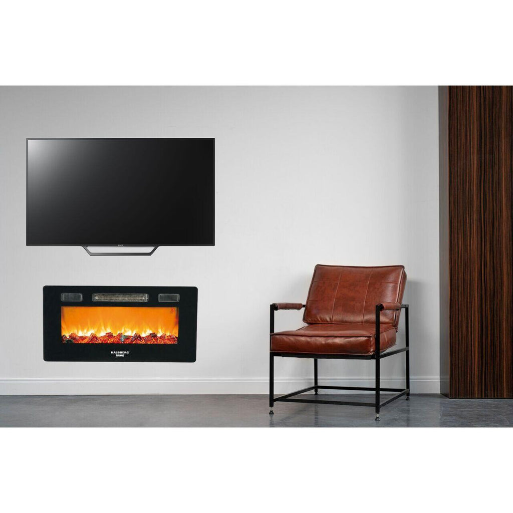 Semineu electric de perete Hausberg HB-8225, 1800W, Telecomanda, 3 Niveluri de lucru, Turboventilator, Elect de flacara led culoare portocalie, Termostat reglabil, Fier + sticla