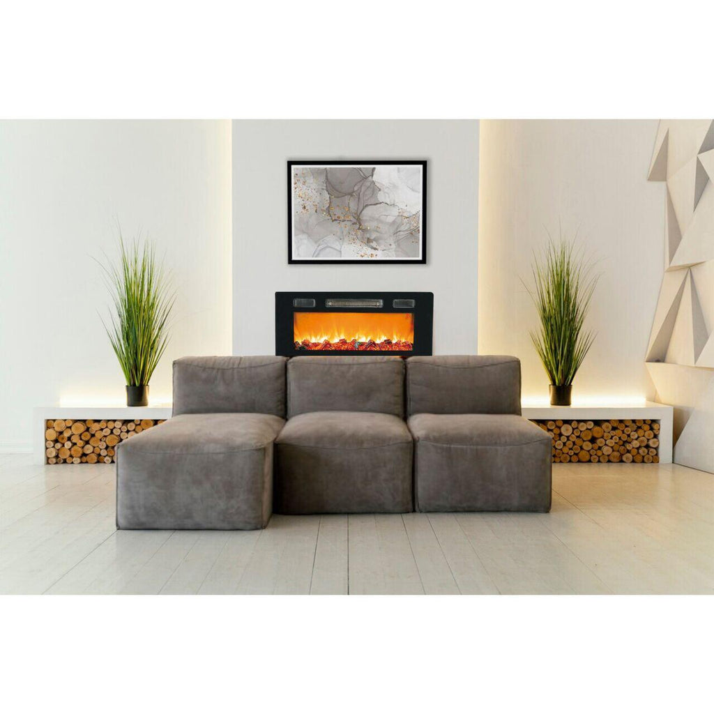 Semineu electric de perete Hausberg HB-8225, 1800W, Telecomanda, 3 Niveluri de lucru, Turboventilator, Elect de flacara led culoare portocalie, Termostat reglabil, Fier + sticla