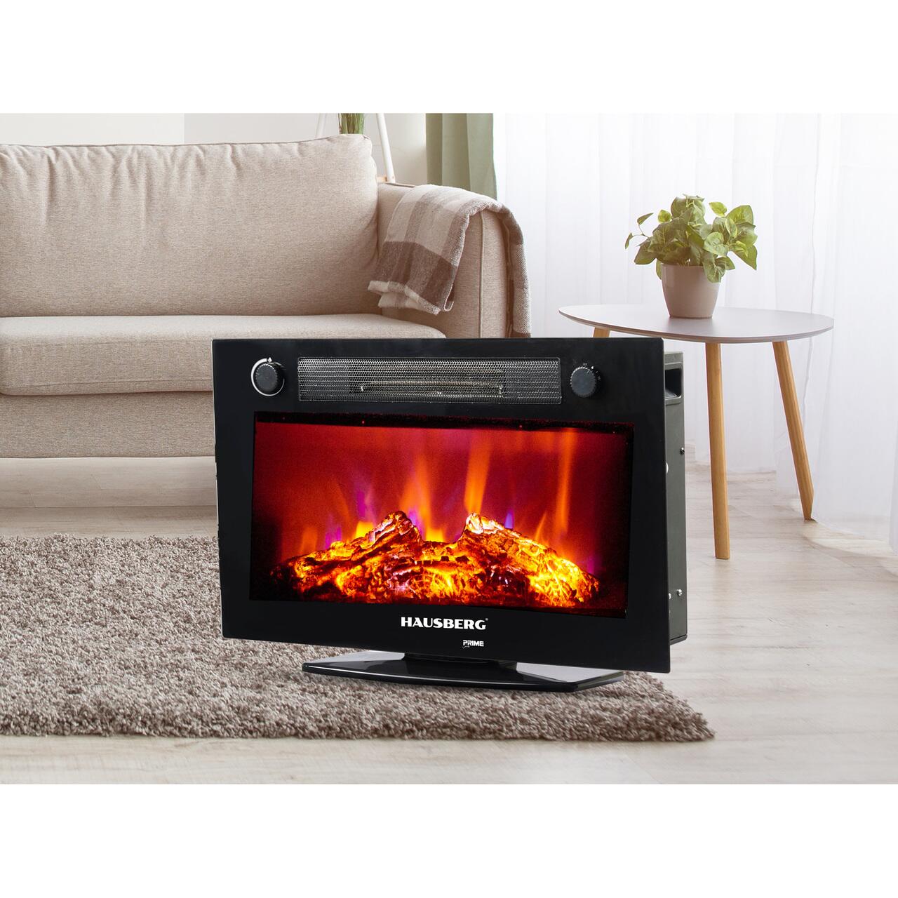 Semineu Electric de Birou HAUSBERG HB-8226NG, 1800 W, Efect de Flacără, Încălzire PTC, Sticlă Securizată, Telecomandă, Negru