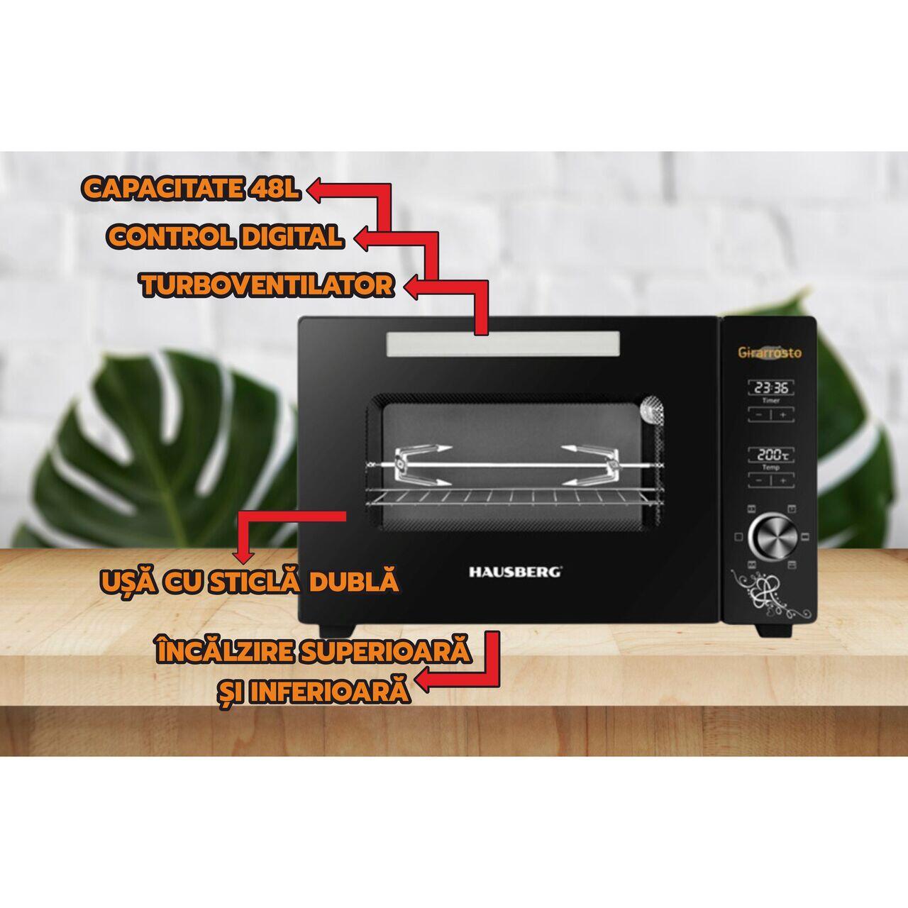 Cuptor electric digital cu rotisor si ventilator HAUSBERG HB-9260, 1800W, Turbo, Capacitate 48L, Control temperatura 230 grade Celsius, Lumina interior, Negru