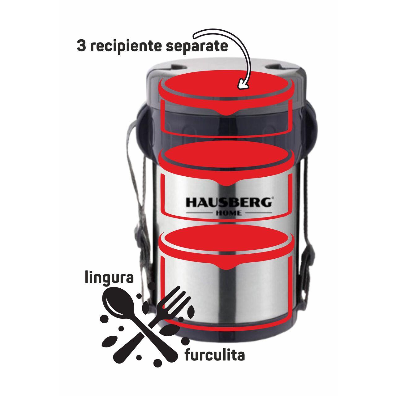 Cutie de pranz Thermos Hausberg HB H1461, 2 litri, otel inoxidabil, 3 recipiente separate, lingura, furculita, inox Imagine secundară a produsului