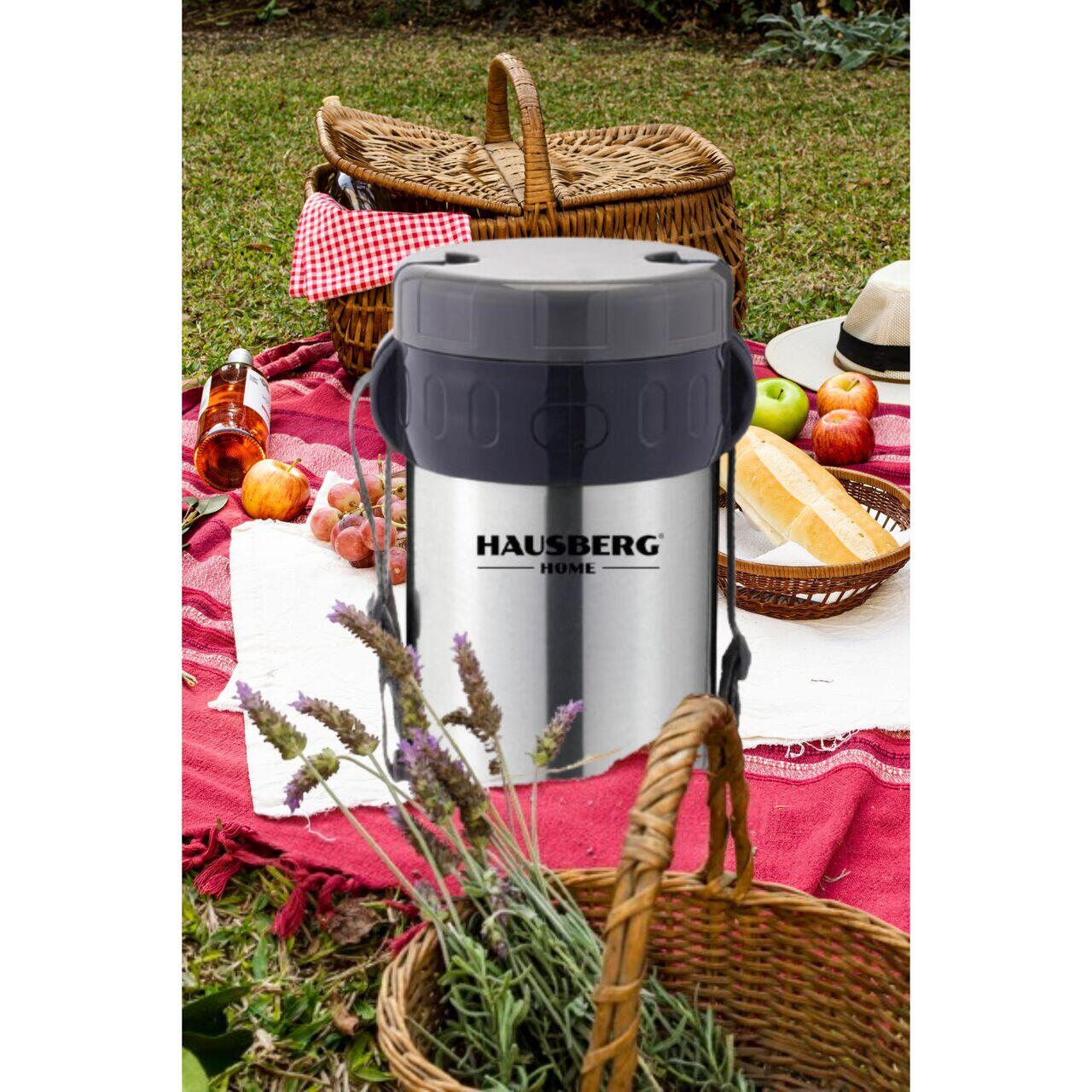 Cutie de pranz Thermos Hausberg HB H1461, 2 litri, otel inoxidabil, 3 recipiente separate, lingura, furculita, inox