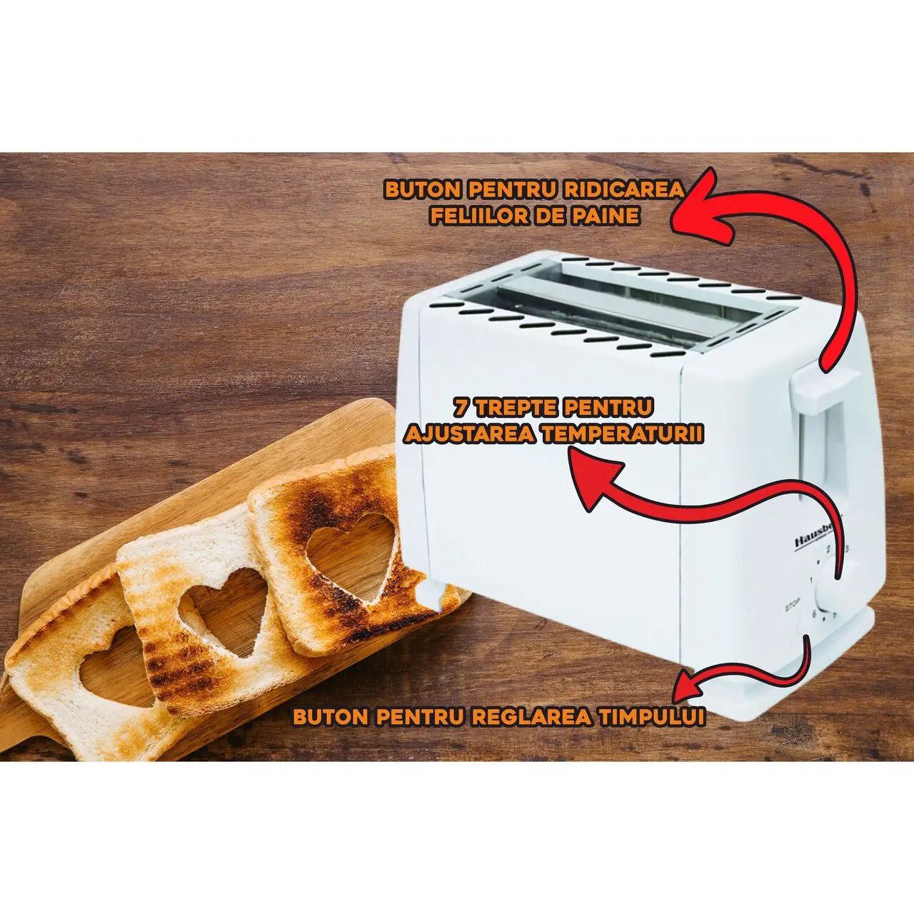 Prajitor de paine HAUSBERG HB-150AB, 750W, 7 setari, 2 felii, oprire automata, picioare anti-alunecare, Alb Imagine secundară a produsului