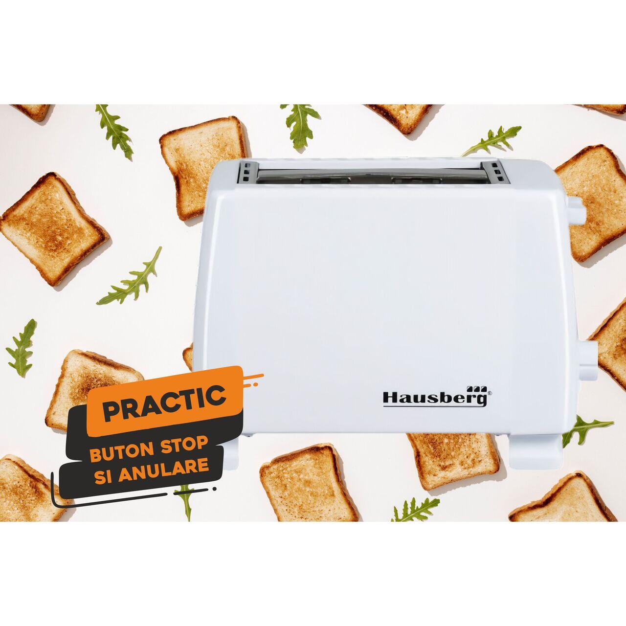 Prajitor de paine HAUSBERG HB-150AB, 750W, 7 setari, 2 felii, oprire automata, picioare anti-alunecare, Alb