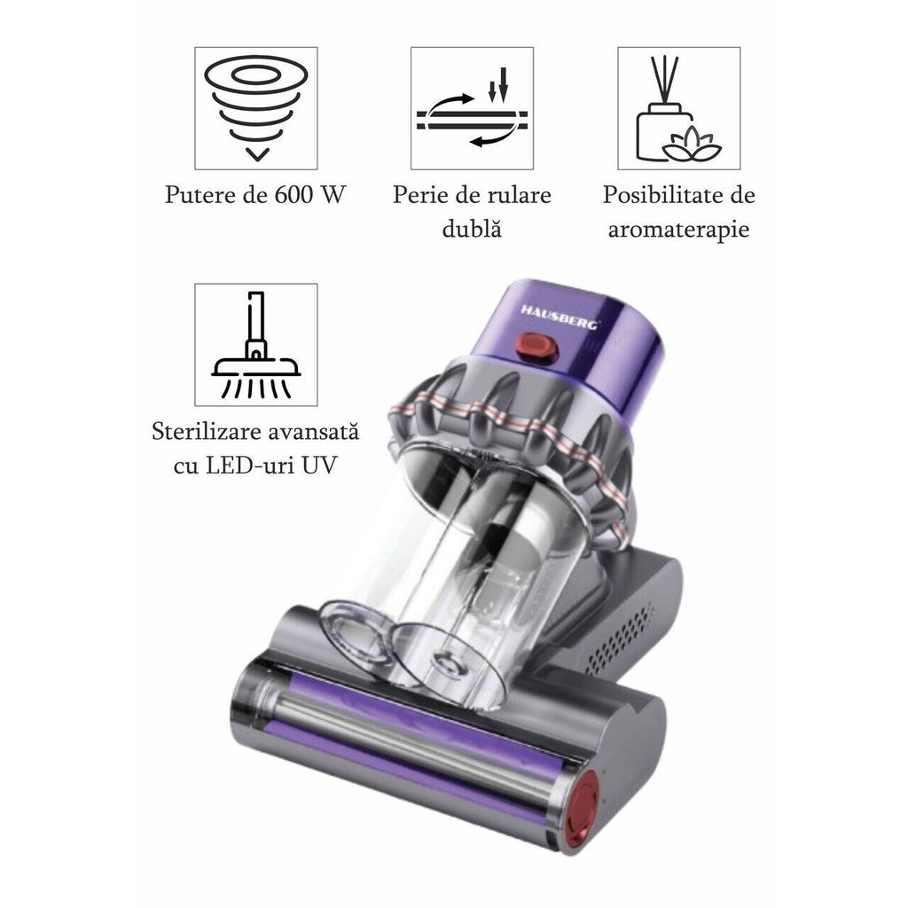 Aspirator UV antiacarieni cu afisaj digital multifunctional HAUSBERG HB-2022MV, 400-600W, sterilizare UV, ioni negativi, purificare cu ultrasunete, Mov-Gri