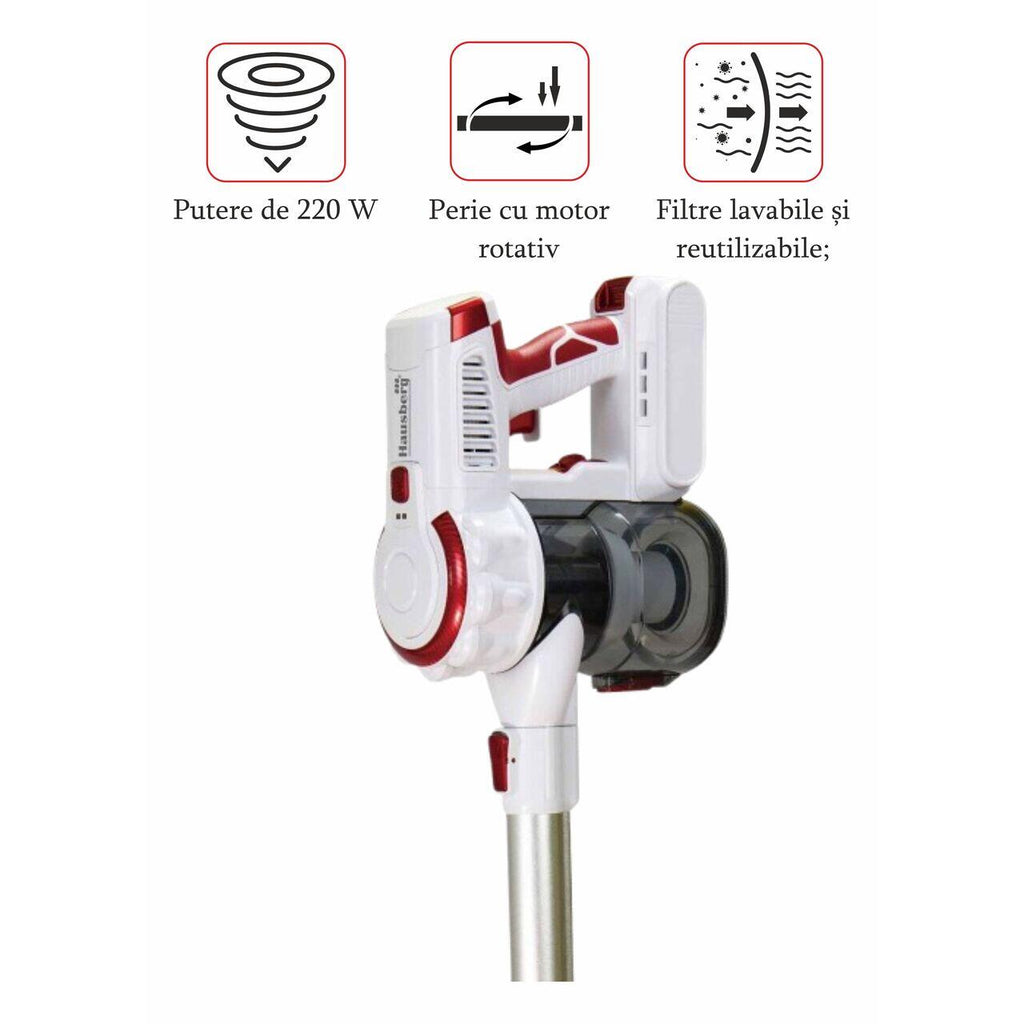 Aspirator vertical Hausberg HB-2027, putere 220W, fara sac, capacitate 0.25 l, filtre lavabile, 2 viteze, perie rotativa, timp de lucru 20-40 min, Alb