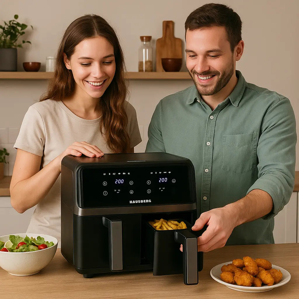 Friteuza dubla cu aer cald HAUSBERG HB-2373NG, 2200-2400W, capacitate 8.4L, termostat reglabil cu afisaj LED, control digital individual, 14 programe prestabilite, temporizator 60 min, ventilator de racire, Negru Imagine secundară a produsului