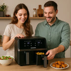 Friteuza dubla cu aer cald HAUSBERG HB-2373NG, 2200-2400W, capacitate 8.4L, termostat reglabil cu afisaj LED, control digital individual, 14 programe prestabilite, temporizator 60 min, ventilator de racire, Negru