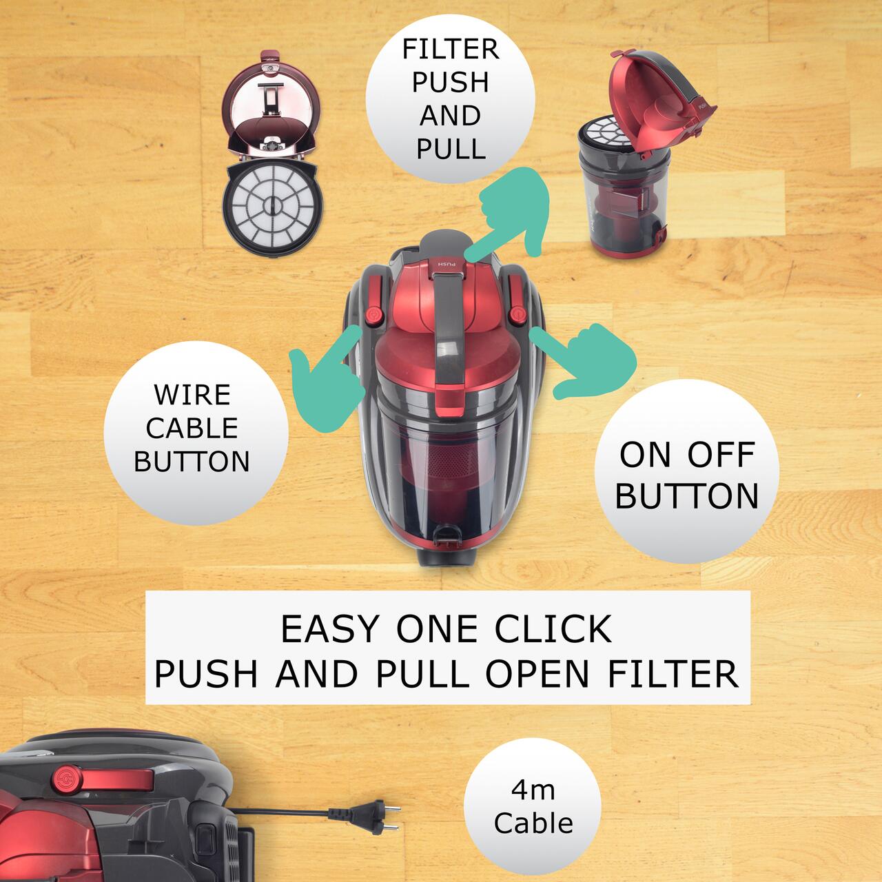 Aspirator fara sac Hausberg HB-2820RS, 2200 W, 4.5 litri, 85dB, filtru lavabil, sistem multi-ciclon, Negru/Rosu