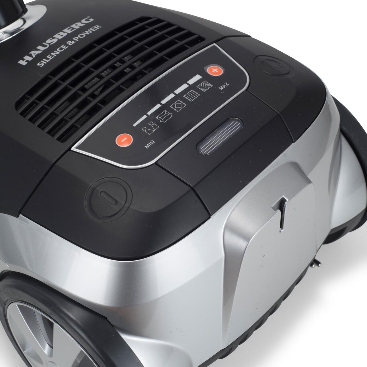 Aspirator Profesional cu sac Hausberg HB-2875NG, 2400 W, Nivel de zgomot 70dB, Capacitate 4L, Filtru De Aer Hepa Cu 5 Nivele, Lungime Cablu 5 M, Display Led, Furtun Rezistent, Negru/argintiu