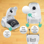 Aspirator cu sac HAUSBERG HB-2877AB, aspirare uscata, 4 litri, 1400 - 1800 W, protectie motor, sistem de rulare a cablului, Alb-Gri