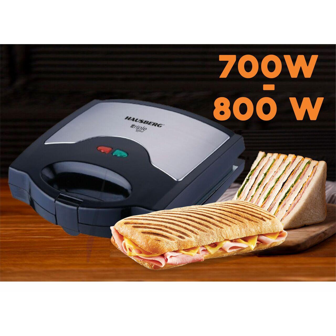 Sandwich maker 3 in 1 HAUSBERG HB-3514IN, 700-800 W, 3 placi detasabile anti-aderente, Termostat, Negru/Inox Imagine secundară a produsului